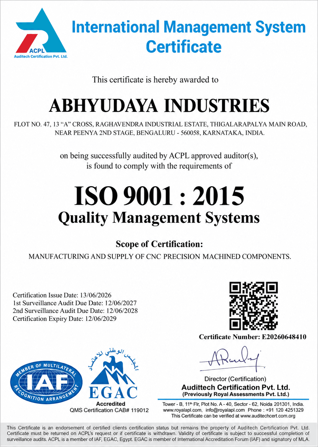 ISO 9001:2015 certificate of Abhyudaya Industries